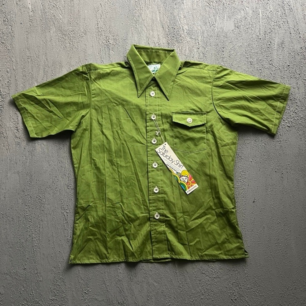 Vintage Manhattan Saturday Shirt Large Green 1970s Smiley Face Pocket Deadstock